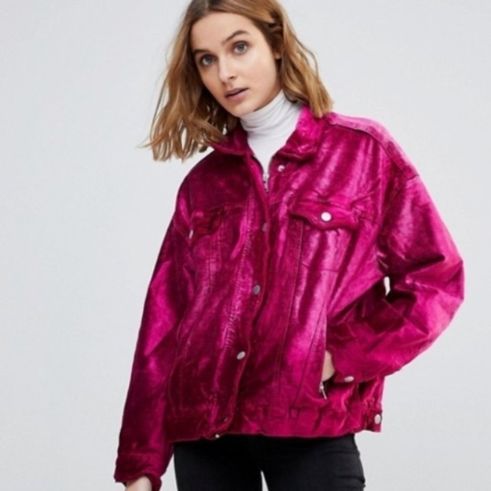 Free People Pink Velvet Trucker Jacket